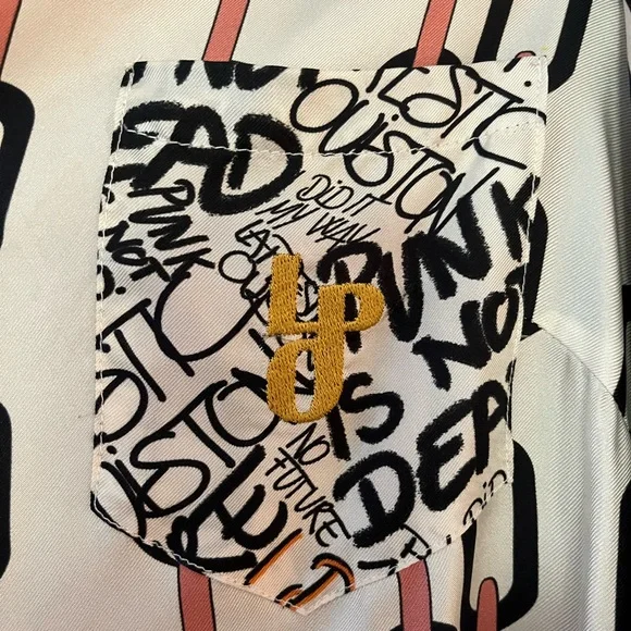 Le Prestic Ouiston 100% Silk Black and White Chain Print Shirt - Picture 4 of 5